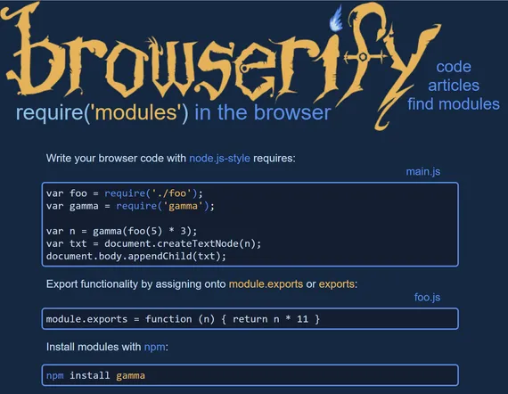 Screenshot of Browserify homepage from 2013