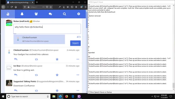 Screenshot of Speech Viewer in NVDA on Firefox showing lines of text representing what's spoken