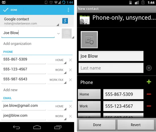 Adding a contact in Jelly Bean and Gingerbread.