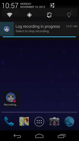 Screenshot of the CatLog showing a notification that says 'Log recording in progress'