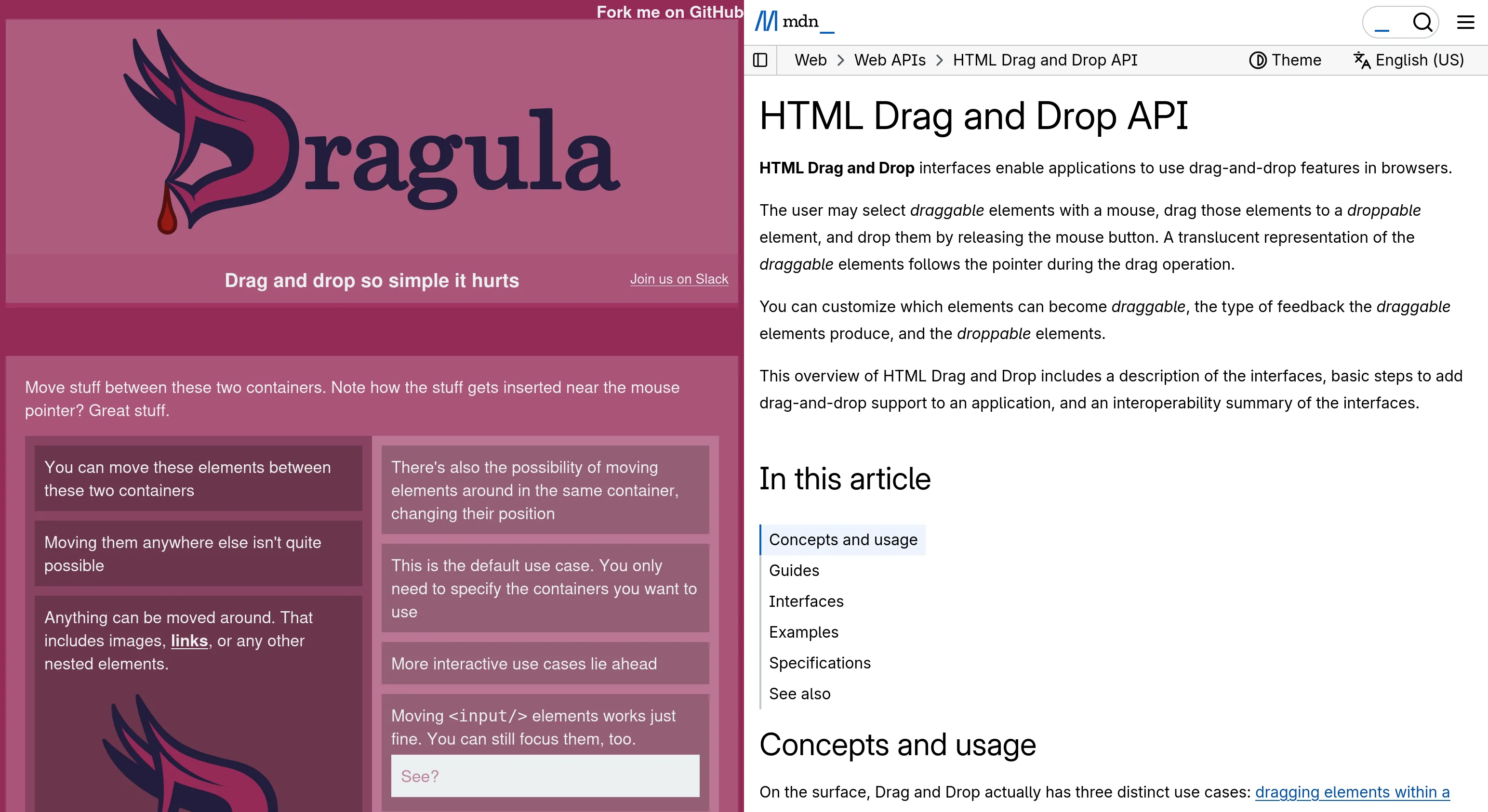 Screenshot of the Dragula website saying "drag and drop so simple it hurts" with a logo and stylized purple page versus the MDN page for the Drag and Drop API which looks much more subdued in comparison
