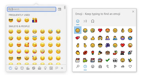 Screenshot of the built-in emoji pickers on macOS and Windows