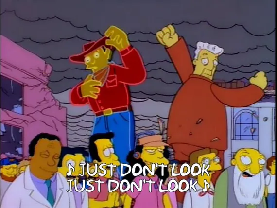 Simpsons animation of billboard ads wrecking buildings with subtitle "Just don't look"