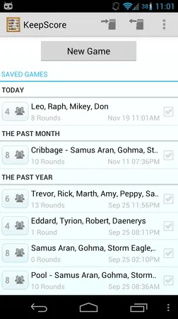 Screenshot of KeepScore with a list of saved games with fictional characters as the players
