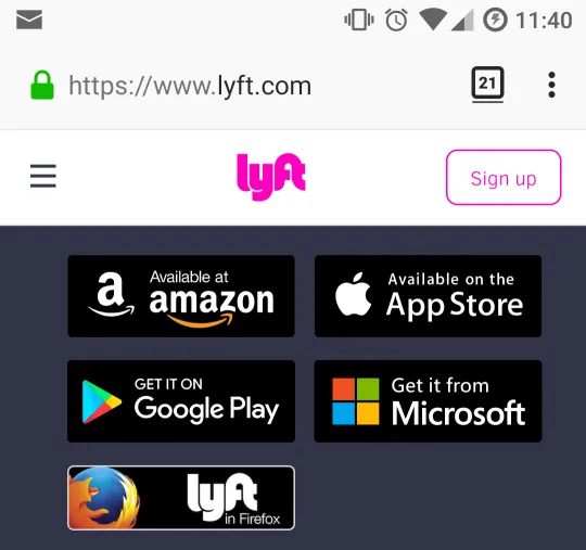 Screenshot of Lyft's website offering "Lyft in Firefox,"