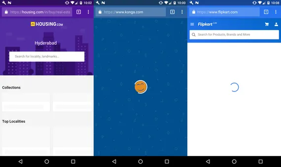 Screenshots of Housing.com, Konga, and Flipkart without JavaScript