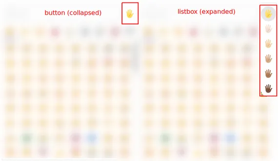 Annotated screenshot showing the collapsed skin tone button as a button, and the expanded list of skin tones as a listbox
