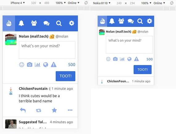 Screenshot comparing Pinafore on an iPhone 4 versus a smaller Nokia 8110 4G