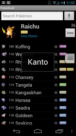 Screenshot of Pokédroid with a search box and list of Pokémon and showcasing Raichu