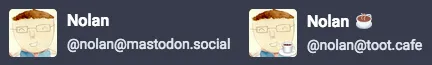 Screenshot of two Mastodon avatars, one with a subtle coffee icon and one without