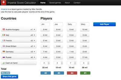 Screenshot of Imperial Calculator with a tabular-like score view for a game
