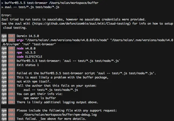Test output showing Saucelabs failure