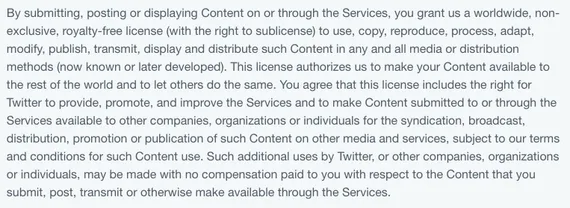 Screenshot of https://twitter.com/en/tos#usContent starting from "By submitting, posting or displaying Content..."