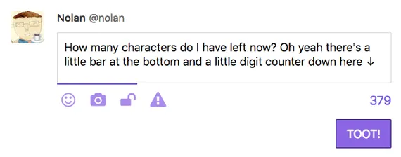 Screenshot of Pinafore with some text entered in the text box and a digit counter showing the number of remaining characters