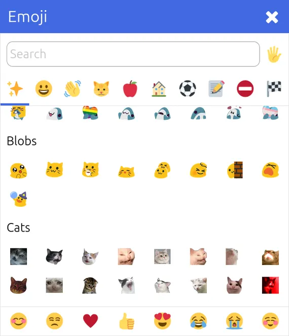 Screenshot of emoji picker showing categories Bobs and Cats with different numbers of emoji in each but with eight columns in a grid for all