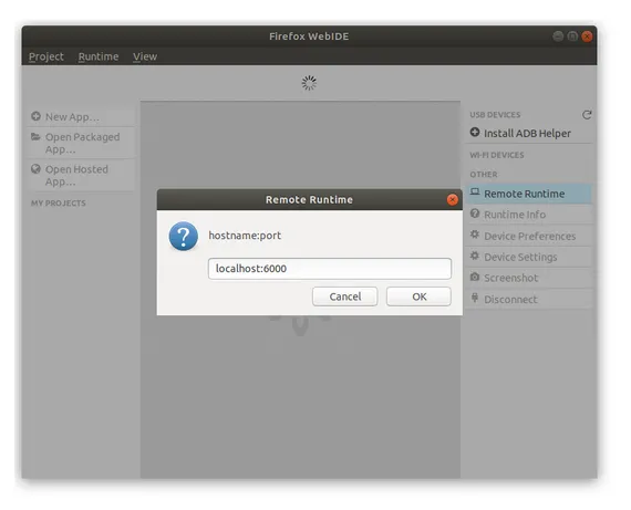 Screenshot of Firefox WebIDE with Remote Runtime selected and localhost:6000 entered