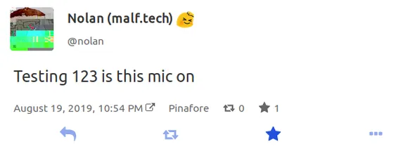 Screenshot of a Mastodon post in Pinafore with the favorite (star) button pressed and the boost button unpressed