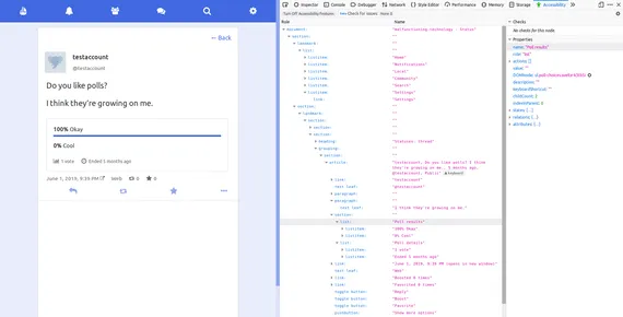 Screenshot of a post in Pinafore with the Firefox accessibility tools open in a side panel