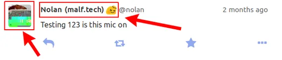 Screenshot showing a Mastodon post with red rectangles around the user avatar and the user name