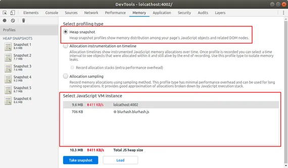 Screenshot of the Chrome DevTools Memory tab with the Heap Snapshot tool