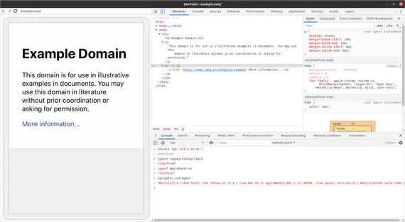 Screenshot of debugging example.com in iOS Safari in Chrome DevTools on Linux, showing some iOS-specific APIs in the console