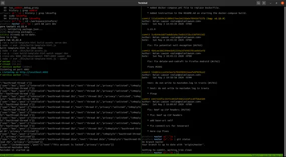 Screenshot of tmux running in Ubuntu with a few panes open