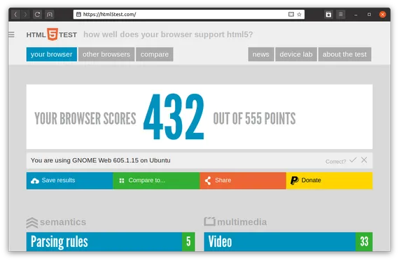 Screenshot of Gnome Web on HTML5Test showing a score of 432