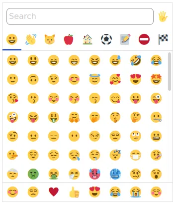 Screenshot of an emoji picker with a search box, a row of emoji categories, and a grid of emoji