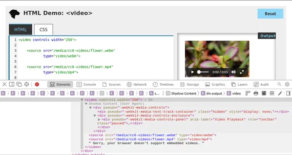 Screenshot of GNOME Web (WebKit) browser on an MDN video element demo page showing the dev tools open with a closed use agent shadow content for the controls of the video