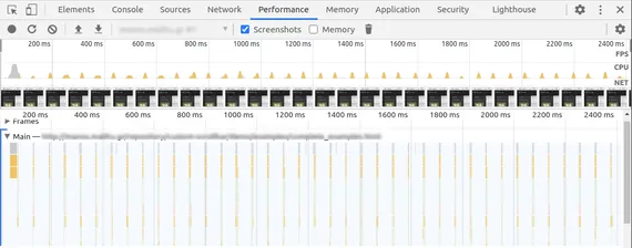 Screenshot of Chrome DevTools showing little peaks of yellow JavaScript usage periodically in the timeline