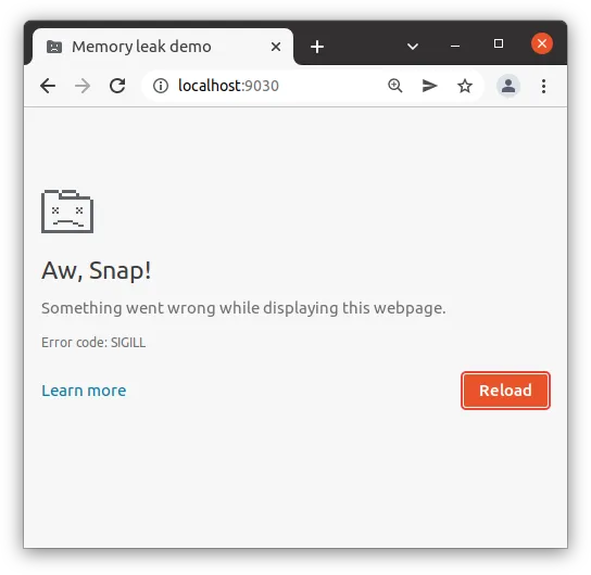 Screenshot of Chrome browser window with sad tab and "aw snap something went wrong" message