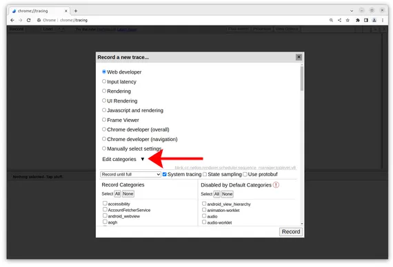 Screenshot of tracing tools showing Edit categories with an arrow pointing at it