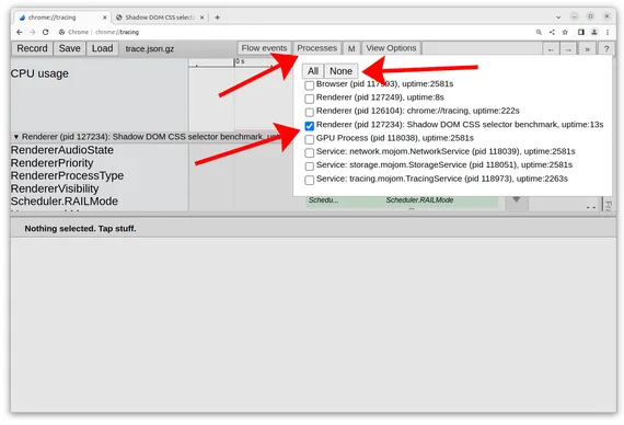Screenshot of tracing tool showing arrows pointing at Processes, None, and the Renderer process