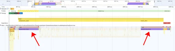 Chrome DevTools screenshot showing large purple style blocks at the beginning and end and little JavaScript slices in the middle