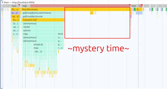 Screenshot of Chrome DevTools with large block of JavaScript time called "mystery time"