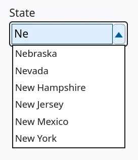 Screenshot of a combobox with "Ne" typed into it and states below in a list like Nebraska, Nevada, and New Hampshire.
