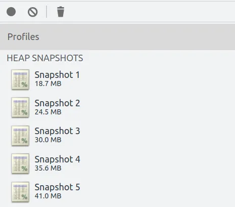 Screenshot of the Chrome DevTools memory heapsnapshots list, showing memory starting at 18.7MB and increasing by roughly 6MB every iteration until reaching 41 MB on iteration 5