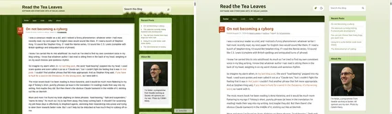Screenshot of the old website on the left and the new website on the right. The right has fewer drop shadows, borders, and a less busy background.