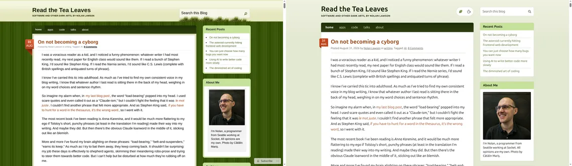 Screenshot of the old website on the left and the new website on the right. The right has fewer drop shadows, borders, and a less busy background.