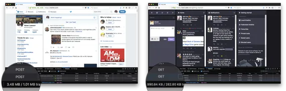 creenshots of Twitter vs Mastodon, showing Twitter loading 3.48MB of JS vs 990.84KB on toot.cafe
