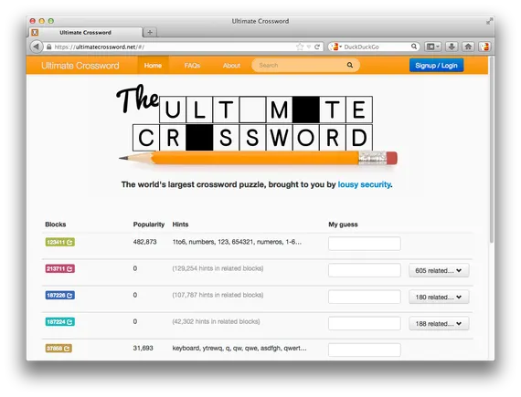 Screenshot of Ultimate Crossword with a list of blocks and guesses
