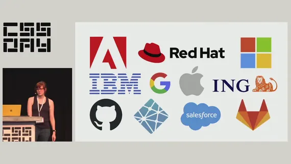 CSS Day talk screenshot showing Cassondra Roberts alongside a slide showing company logos of Adobe, RedHat, Microsoft, IBM, Google, Apple, ING, GitHub, Netlify, Salesforce, GitLab