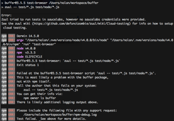 Test output showing Saucelabs failure