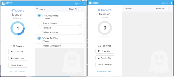 Screenshot of Ghostery showing 4 trackers blocked on Twitter.com vs 0 for toot.cafe