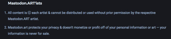 Screenshot of mastodon.art's guidelines, saying "All content is ⓒ each artist & cannot be distributed or used without prior permission by the respective Mastodon.ART artist."