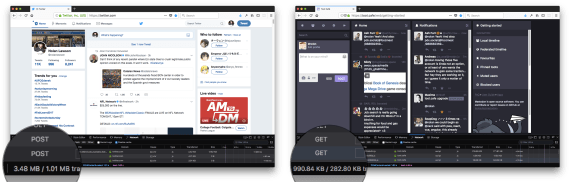 creenshots of Twitter vs Mastodon, showing Twitter loading 3.48MB of JS vs 990.84KB on toot.cafe