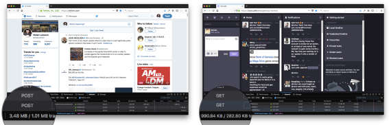 creenshots of Twitter vs Mastodon, showing Twitter loading 3.48MB of JS vs 990.84KB on toot.cafe