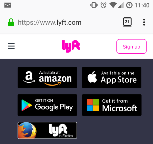 Lyft's website may offer "Lyft in Firefox," which is the PWA