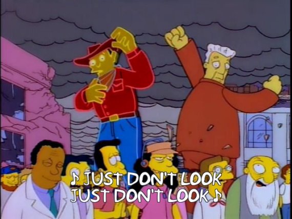 Simpsons animation of billboard ads wrecking buildings with subtitle "Just don't look"