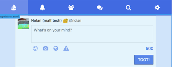 Screenshot of Pinafore with a blue overlay saying "repaints on scroll."